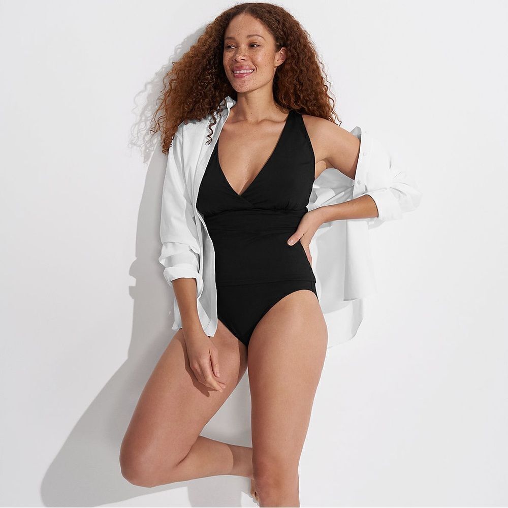 Lands' End Plus Size v neck plunge convertible straps X back tankini black 14DDD